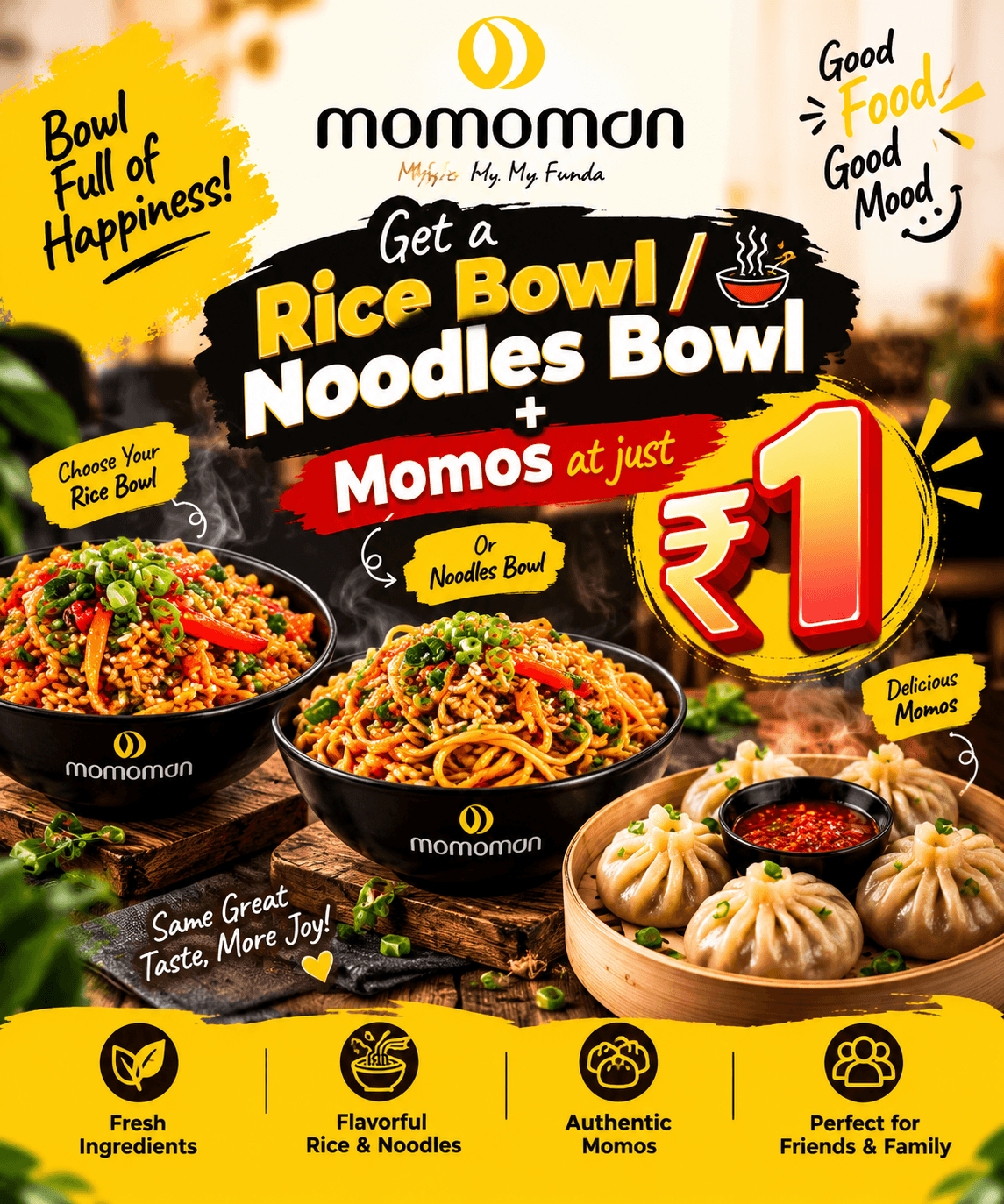 Rice Bowl/Noodles Bowl 🥟 + Momos at just ₹1 at Momoman Chandkheda